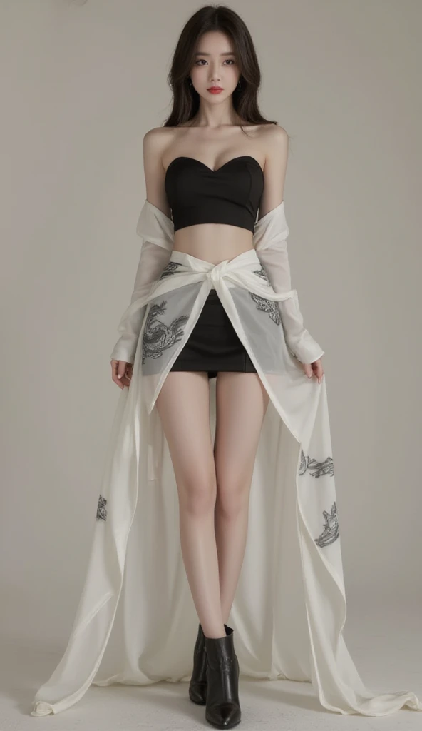 Beautiful stylist woman, slim legs, Korean actress face, long legs, detailed face, beautiful dark eye makeup, beautiful red lips, realistic Korean traditional costume, lap style sleeveless silk strapless tube crop top, leather tube crop top with gray line, short tube skirt, gray dragon painting on skirt, wrap style transparent skirt, small flower pattern under skirt, thigh-length skirt, ankle boots,