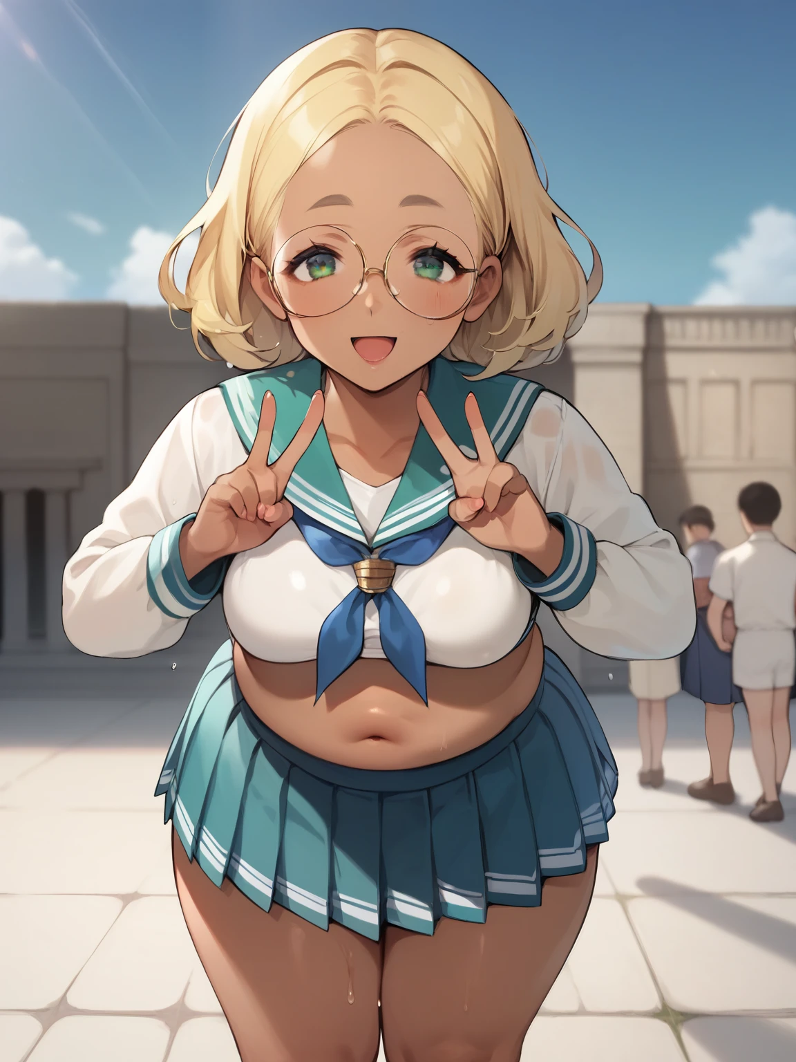   score_9,   score_8_up,   score_7_up, anime break，High image quality， masterpiece，Tanned Gal，blonde， very chubby young girl，Very short stature， toddler figure ，blonde with green eyes, Mid-length hair ，Open forehead，Round face， has a smiling face ，Ample breasts，black square frame glasses ，Greek Goddess，Long sleeve sailor suit， pleated skirt，Ancient Greece，Wet Skin，Cunning gestures， precise and detailed female fingers ，