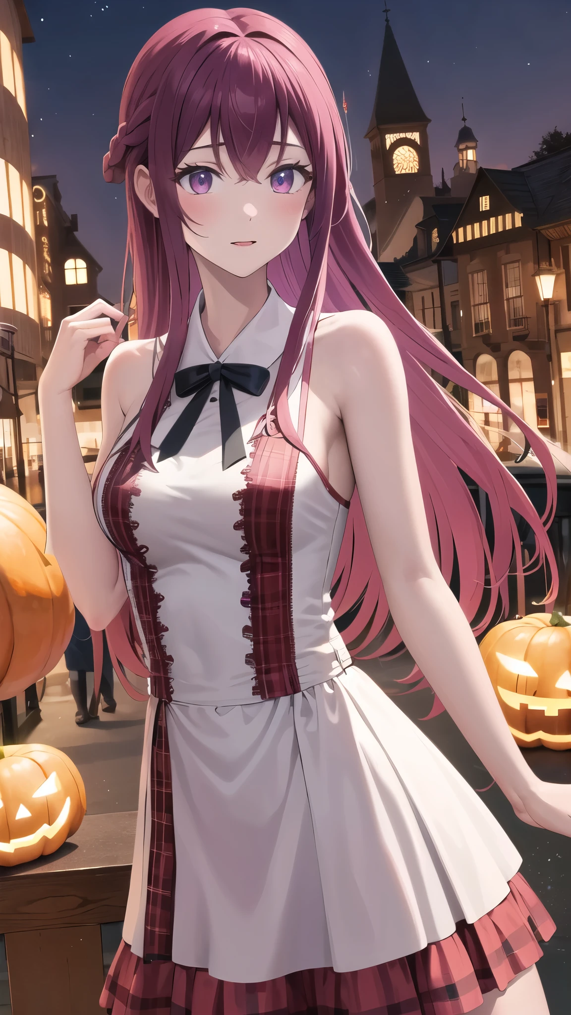 masterpiece, best quality, highres, 1girl, solo, long hair, purple hair, braid, halloween Dress,