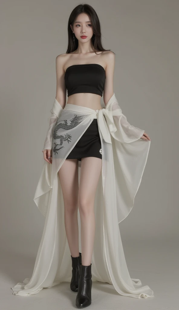 Beautiful stylist woman, slim legs, Korean actress face, long legs, detailed face, beautiful dark eye makeup, beautiful red lips, realistic Korean traditional costume, lap style sleeveless silk strapless tube crop top, leather tube crop top with gray line, short tube skirt, gray dragon painting on skirt, wrap style transparent skirt, small flower pattern under skirt, thigh-length skirt, ankle boots,