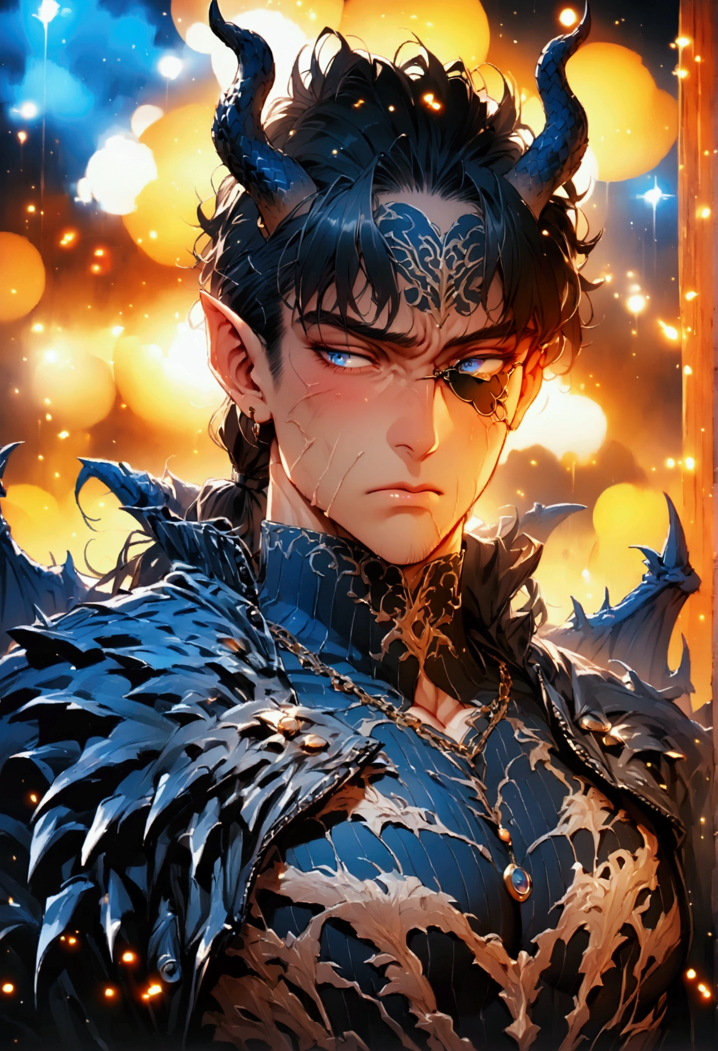 ( masterpiece ),  highest quality , Seiya Kou from the anime Sailor Moon ,  expressive eyes ,  perfect face, male,  hair tied in a low ponytail, black color,  fluorescent blue eyes , dragon ears,  leather jacket with details of scales , sin camisa, pectorals,  muscular torso and wide shoulders ,  tight black pants , portrait,, good looking, Apathetic and tired , dragon horns, dragon tail, bruised,  full body , necklace on the neck, manly, muscle shirt,  full body  shot, eye patch, ,   large dragon wings 