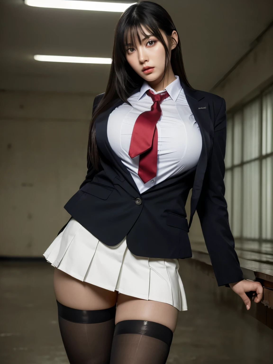 (highest quality:1.2, masterpiece:1.2), 8K, Professional Lighting, Cinematic Lighting, ultra realistic & detailed portrait of Kurihara Mari (Prison School), (black hair, shoulder length), ((red necktie, collar formal shirt, brown jacket, blazer, check skirt, stockings under skirt, pantyhose under skirt, thighighs under skirt)), (detailed eyes, perfect eyes, fine eyes, clear eyes), ((ultra realistic interior of narrow & abandoned school, ultra detailed interior of school, dark atmosphere)), (ultra huge breasts, ultra huge cleavages, ultra huge tits, ultra huge boob), standing, (looking at viewer), cowboy shot, zoom out, 