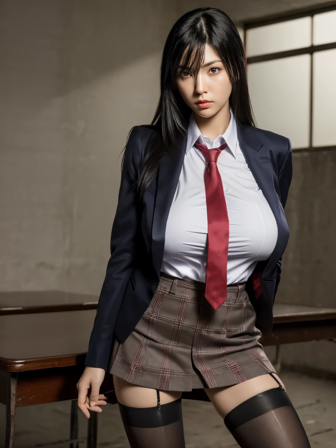 (highest quality:1.2, masterpiece:1.2), 8K, Professional Lighting, Cinematic Lighting, ultra realistic & detailed portrait of Kurihara Mari (Prison School), (black hair, shoulder length), ((red necktie, collar formal shirt, brown jacket, blazer, check skirt, stockings under skirt, pantyhose under skirt, thighighs under skirt)), (detailed eyes, perfect eyes, fine eyes, clear eyes), ((ultra realistic interior of narrow & abandoned school, ultra detailed interior of school, dark atmosphere)), (ultra huge breasts, ultra huge cleavages, ultra huge tits, ultra huge boob), standing, (looking at viewer), cowboy shot, zoom out, 