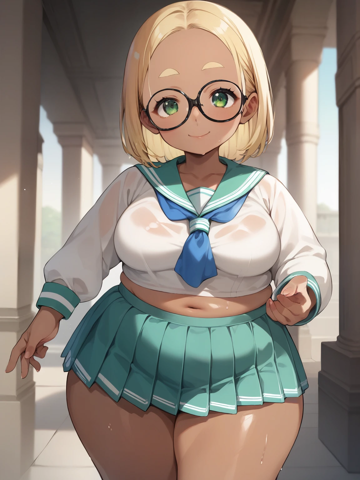  score_9,  score_8_up,  score_7_up, anime break，High image quality， masterpiece，Tanned Gal，blonde， very chubby young girl，Very short stature， toddler figure ， 4 feet 2 inches tall ， thin thighs，blonde with green eyes, Mid-length hair ，Open forehead，Round face， has a smiling face ，Ample breasts，black square frame glasses ，Greek Goddess，Long sleeve sailor suit， pleated skirt，Ancient Greece，Wet Skin，Cunning gestures， precise and detailed female fingers ，