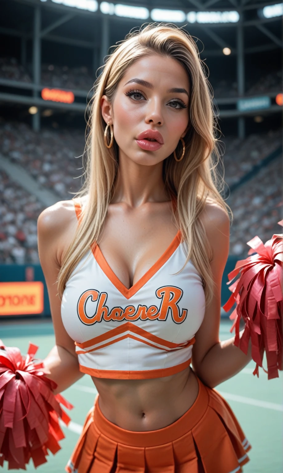 Rilee Marks (masterpiece, perfect eyes, photorealistic, intricate details, hi-res, 8k) portrait of girl standing at a basket ball game on court, soft even lighting, 20 years old, beautiful woman, looking at viewer, full body view, dark brown eyes, very pale blond hair,  ((shiny red and silverskirt and shirt)), (dress as a cheerleader) . high thigh stockings with belts and garter, top shows  a nice cleavage, small perky breasts, sexy pose, (lots of ghetto tattoos all over her arms and legs and chest and stomach), wide hips, large thighs gap, very small shoulders, twintails, shy smile, red lipstick, shy smile,  navel piercing, jewelry, bracelets, Quick Catliner, cute eye liner, thin, red lipstick, 