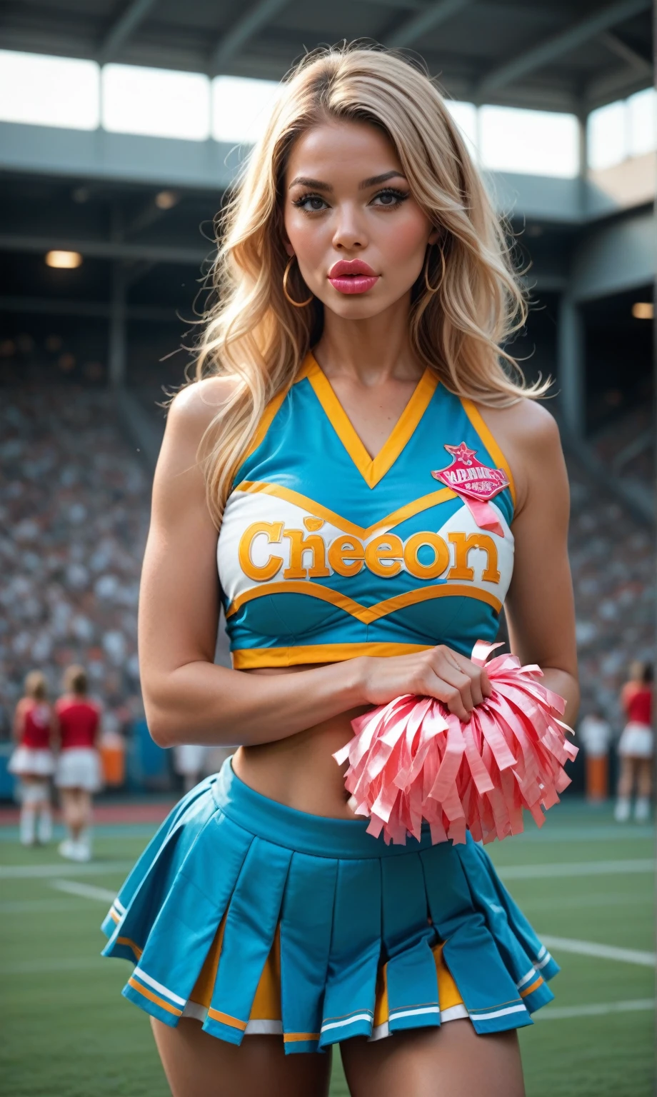 score_9, score_8_up, score_7_up, score_6_up, photorealism, photo realistic, Bimbo, blonde, big lips, huge lips, in a cheerleader costume,