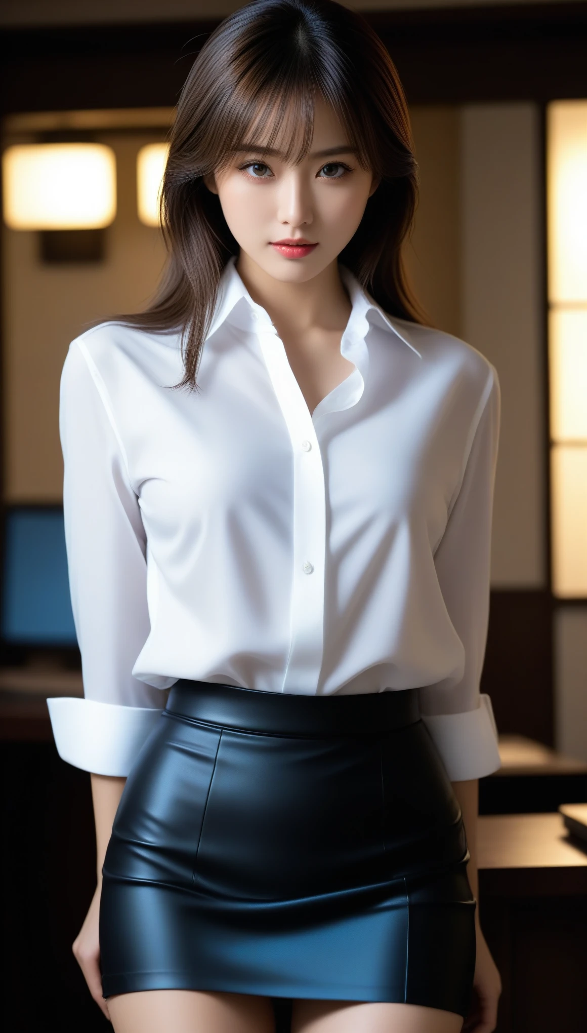 8k,  ultra high resolution, Best Quality, masterpiece, 三分割法によるphotograph, surreal,photograph, one woman,(Girl:1.3),cute,cute顔, 細部まで beautiful eyes, 細かく Detailsに,masterpiece,一人のGirl:1.2, Japanese women,Young Wife,full body,smile,Brown hair,Blunt bangs,ID photo,future,Brutal Cyberpunk Woman,Luxurious and gorgeous,Office,((Dress shirt:1.5)),Mini length flared skirt, mesmerizing thighs seen from the audience,Flashy Fashion,Lavish Decoration,(BDSM Mistress),(Cute girl),(Upper class lady:1.5),Expressions of despair,Dark and atmospheric lighting, delicate details ,  Detailsな顔,anger, charming eyes ,(ポートレートphotograph:1.4),( photorealistic image:1.4), Fantasy Art ,( beautiful face:1.4),美しく charming eyes 、 beautiful eyes,Silver Remaining,(Tight waist:1.4)、( beautiful with perfect body proportions:1.4), Pink Lips,profile,((( ideal body shape))),A cup small bust :2,、Portraiture:2、 perfect anatomy 、鮮明な Details、 Details,Thin lips,完璧で beautiful face ,完璧でcute顔,  Detailed Skin, Perfect limbs、 thin waist, surreal,Light and Shadow, fashion magazine cover ,glowing