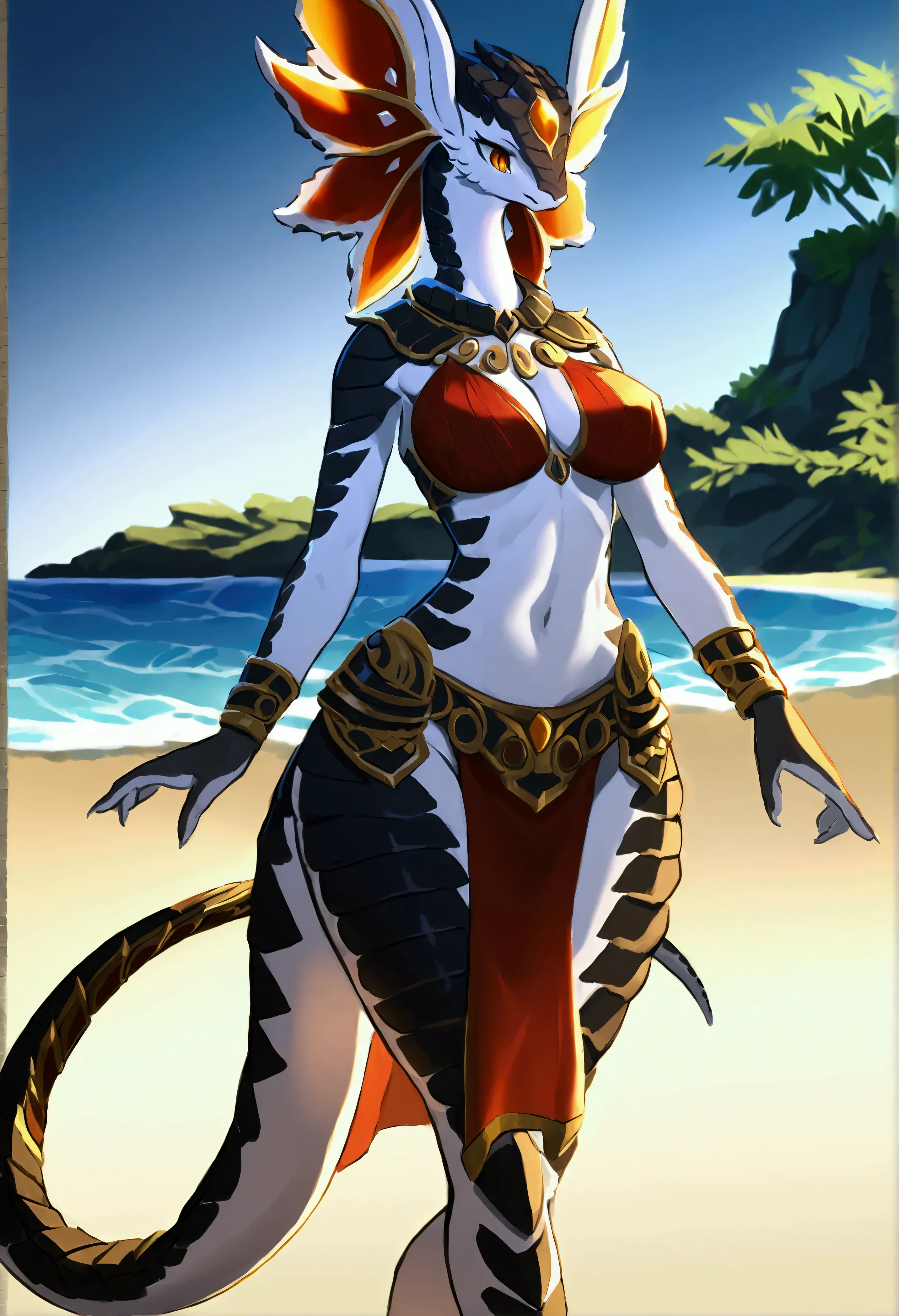 (top quality, best quality, High-quality illustrations, masterpiece, perfect artwork, cinematic light and shading, 16k, 1080p, uploaded on e621)(kemono, furry, anthro, alone), 1 tall female, (very detailed body, face, tail, arms, hands, legs, hair and eyes), lizard, (Divinity: Original Sin 2), black scale body, lizard body, white body, big breasts, wide hips, lizard hair, lizard tail, perfect eyes, lizard eyes, amber eyes, beautiful tribe armor, beautiful loincloth, beautiful beach on island, body movement, body twitching