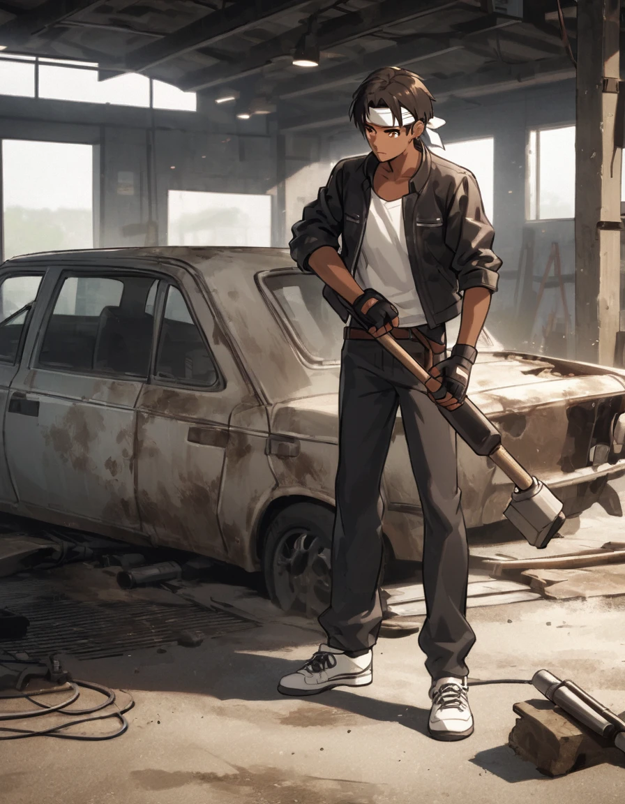 medium chest, repairing car in high resolution, dirty floor in garage , ((repairing dilapidated car)), ((holding hammer)), (wearing dirty clothes), old, cinematic, oil covered, ((black jacket with rolled up arms)), ((white headband)), jacket open, white t-shirt, black pants, brown belt, black slacks, fingerless gloves, white sneakers, black short cut, red eyes, dark skin