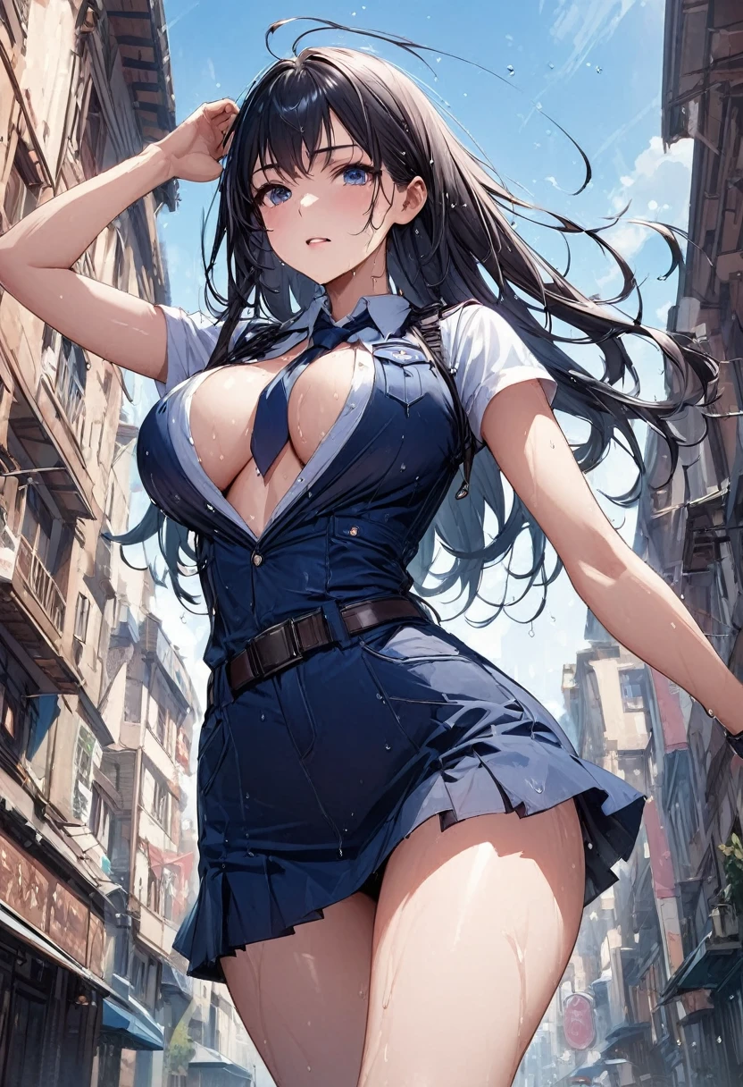 Beautiful girl 、Age 30、Best Quality、Ultra-precision、Detailed drawing、Sexy Police、 police uniform、mini skirt、Navy blue tie、acrobatic leap、Baton in the right hand 、Open chest、Around town、blue sky、Sharpness、Close to the body、Beautiful big boobs、 wet hair 、Vivid colors、 serious look、Slender figure、Accurate depiction、 CG illustration、、 getting wet a lot due to sweat 、 