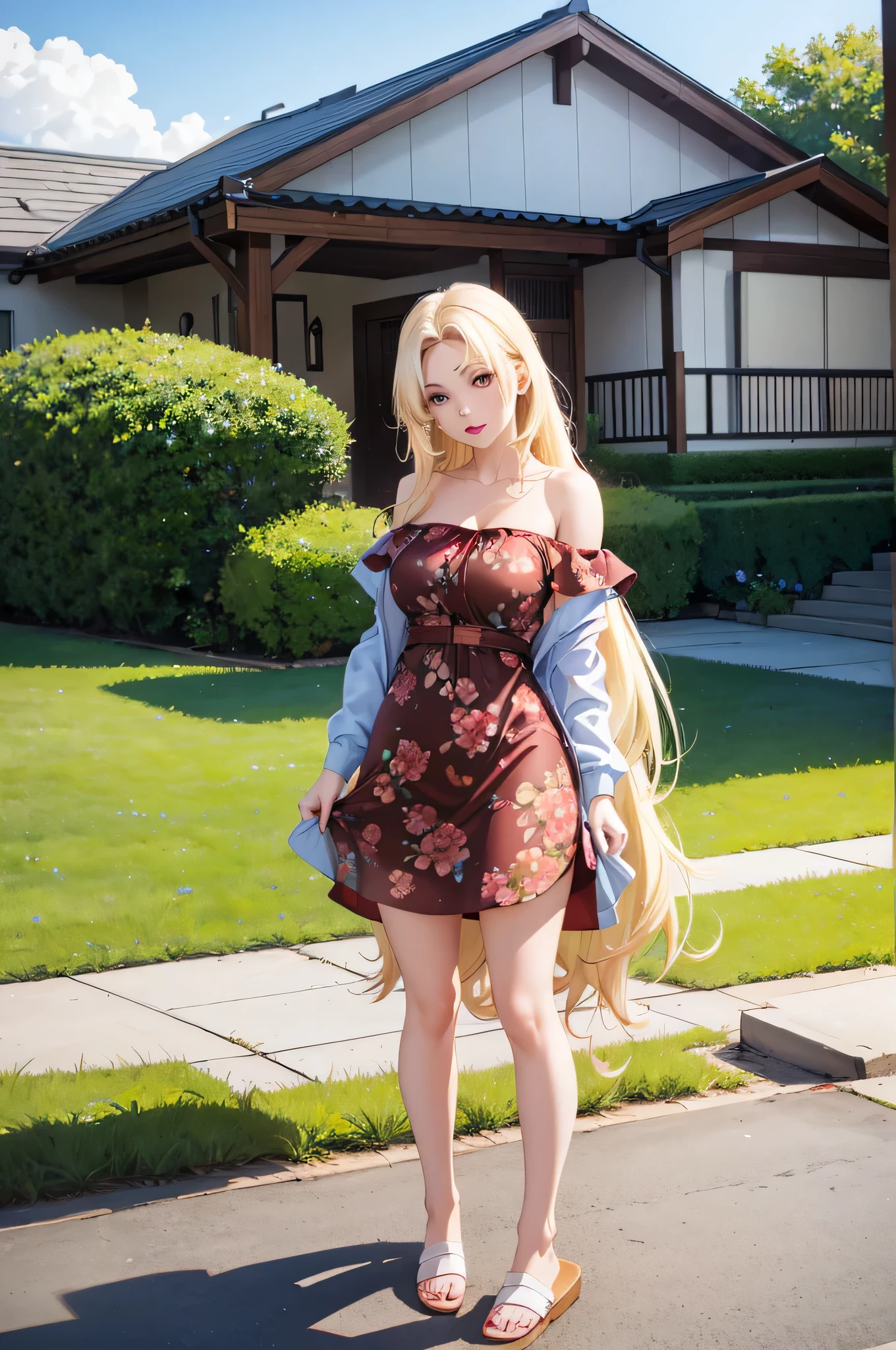 An extremely sexy beautiful woman, blonde long hair, extremely fair white skin, big brown eyes, red glossy lips, wearing a long tight sky-blue floral sleeveless dress with a brown cardigan worn in an off-shoulder style, slippers, cute plain look, standing, lawn and house background, show full body from head to feet.
