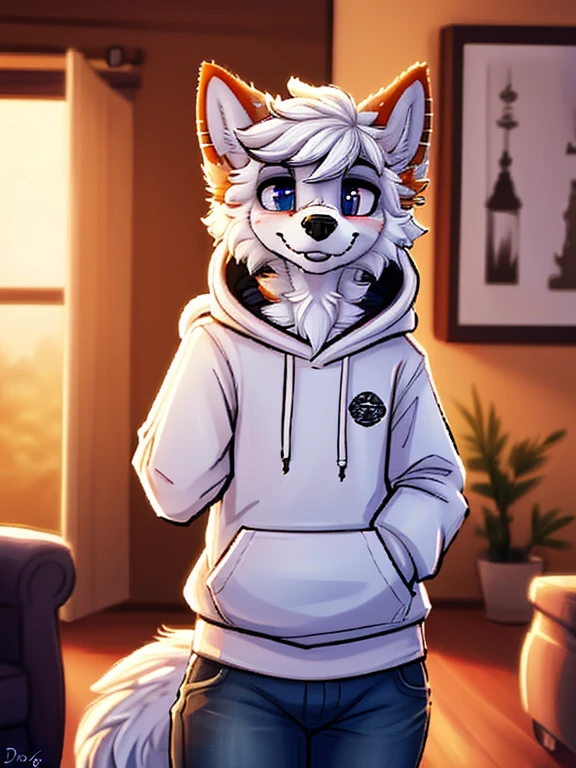 1boy, solo male, teenager, a wolf schoolboy in a hoody and jeans, furry, anime, looking at viewer, sexy pose, cunning face, sfw, detailed fur, perfect anatomy, extremely detailed face, realistic light, cozy light, looking at the camera ( by dimwitdog), femboy body, standing in a living room