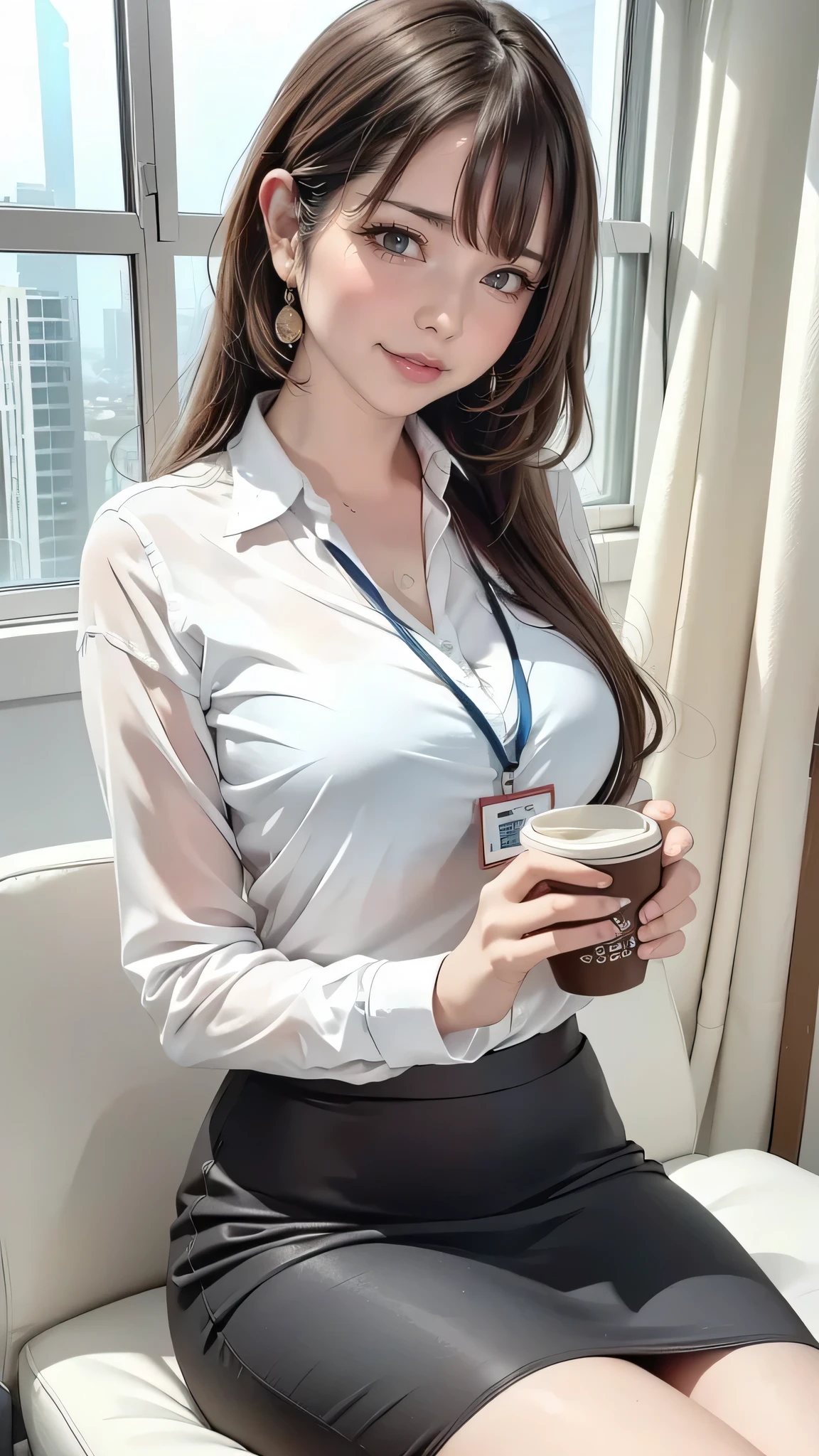 1lady sitting, holding a coffee cup, office worker outfit, /(id card lanyard/), mature female, /(brown hair/) bangs, blush kind smile, (masterpiece best quality:1.2) delicate illustration ultra-detailed BREAK /(modern office indoors/), window skyscraper