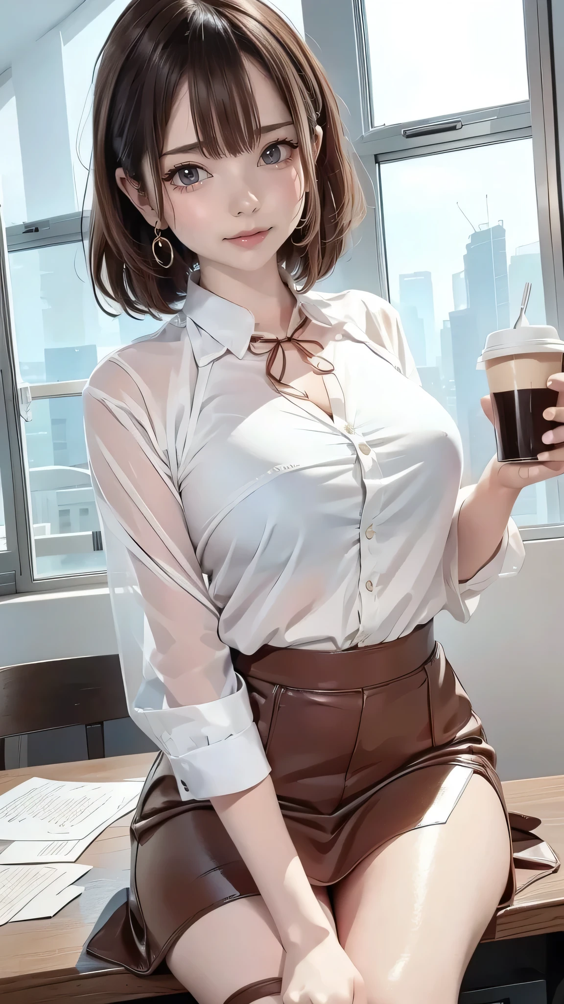 1lady sitting, holding a coffee cup, office worker outfit, /(id card lanyard/), mature female, /(brown hair/) bangs, blush kind smile, (masterpiece best quality:1.2) delicate illustration ultra-detailed BREAK /(modern office indoors/), window skyscraper