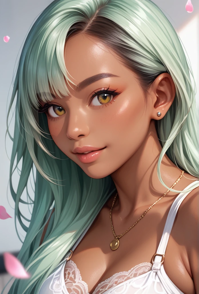 score_9, score_8_up, score_7_up, Asian-African Girl's profile picture, light green long hair with bangs, light blue petals on cheeks, realistic skin texture, detailed picture, close-up, HD32k