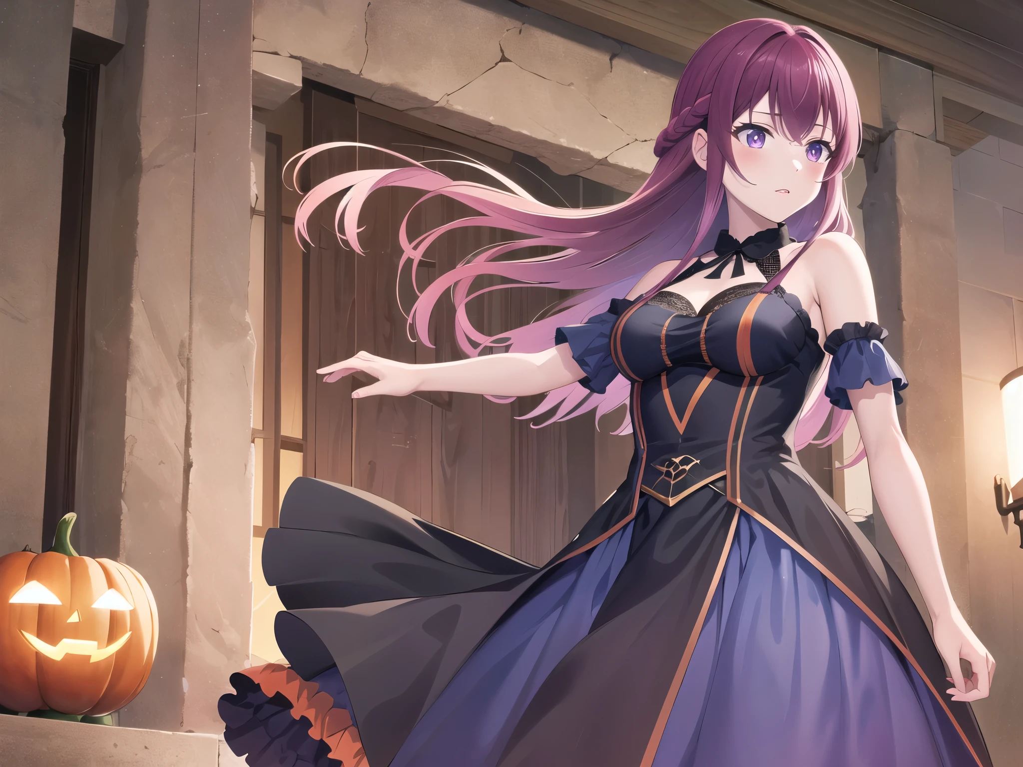 masterpiece, best quality, highres, 1girl, solo, long hair, purple hair, braid, purple eyes, halloween Dress,