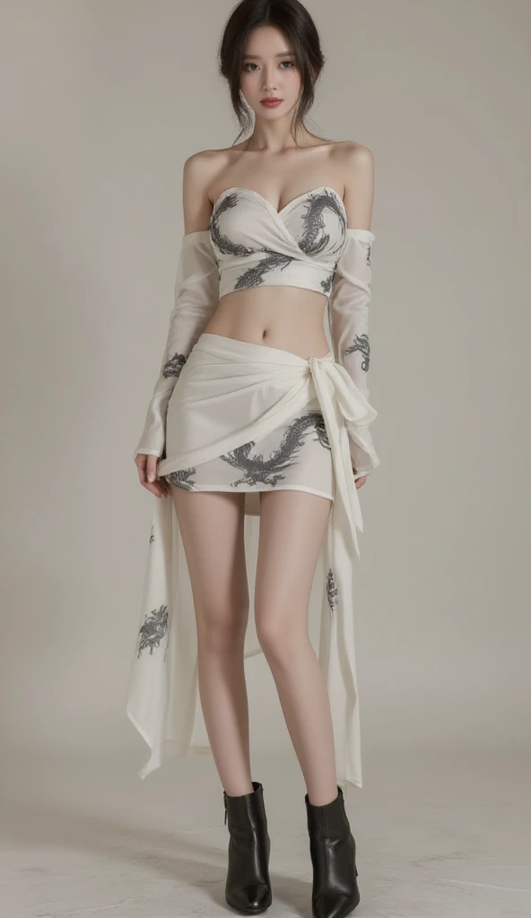 Beautiful stylist woman, slim legs, Korean actress face, long legs, detailed face, beautiful dark eye makeup, beautiful red lips, realistic Korean traditional costume, wrap style sleeveless silk strapless tube crop top, leather tube crop top with gray line, short tube skirt, gray dragon painting on skirt, wrap style transparent skirt, small flower pattern under skirt, thigh-length skirt, ankle boots,