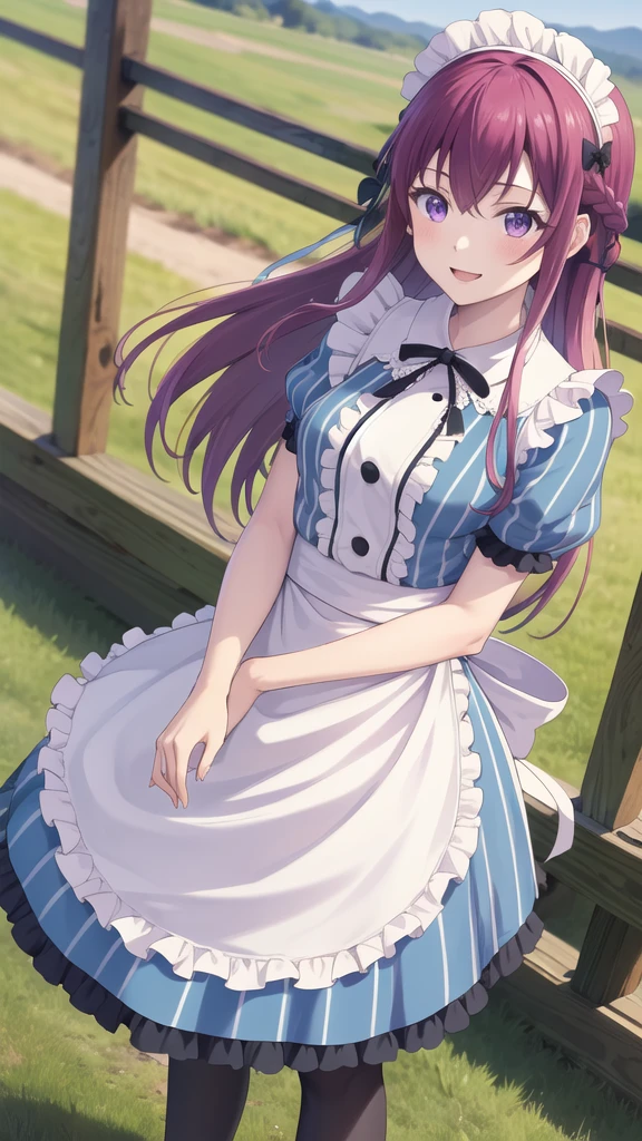 masterpiece, best quality, highres, 1girl, solo, long hair, purple hair, braid, maid headdress, purple eyes, neck ribbon, frills, vertical stripes, blue dress, short sleeves, apron, black pantyhose, standing, cowboy shot, outdoors, smile