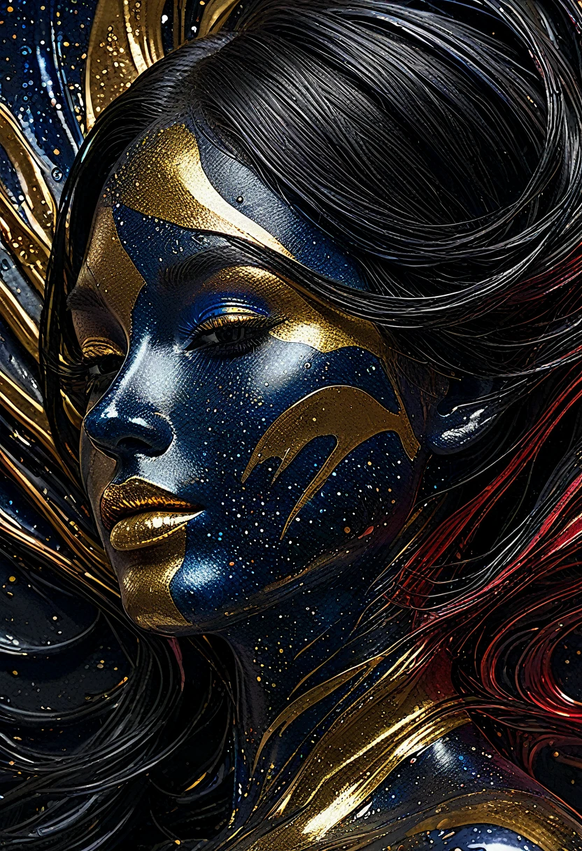 (body formed by galactic liquid mauevine and black metallic paint twisting into a beautiful interpretation of the female figure), au naturel,((complex galactic metallic colours in the foreground)), (( fluid mechanics, the loveliest smooth scale face makeup, smirky expression)) - red, black and gold, onyxia, metallic color palette g0s1