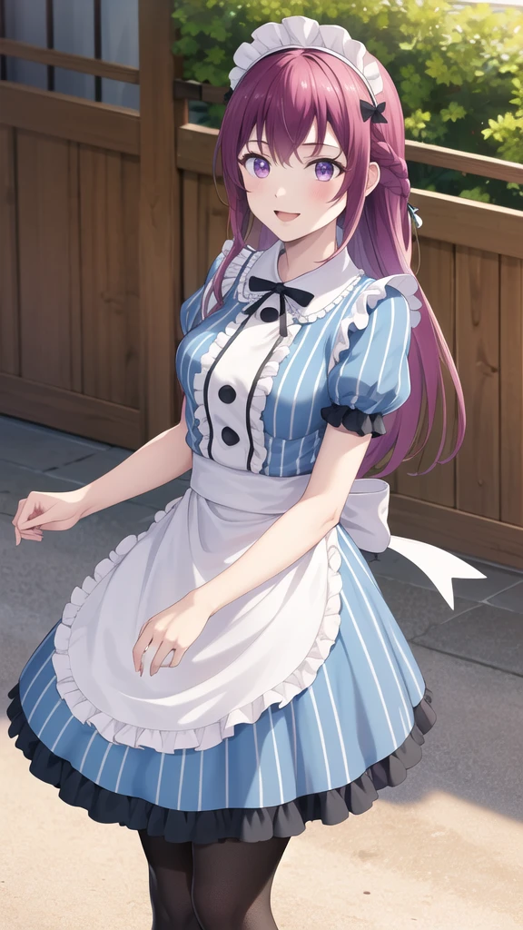 masterpiece, best quality, highres, 1girl, solo, long hair, purple hair, braid, maid headdress, purple eyes, neck ribbon, frills, vertical stripes, blue dress, short sleeves, apron, black pantyhose, standing, cowboy shot, outdoors, smile