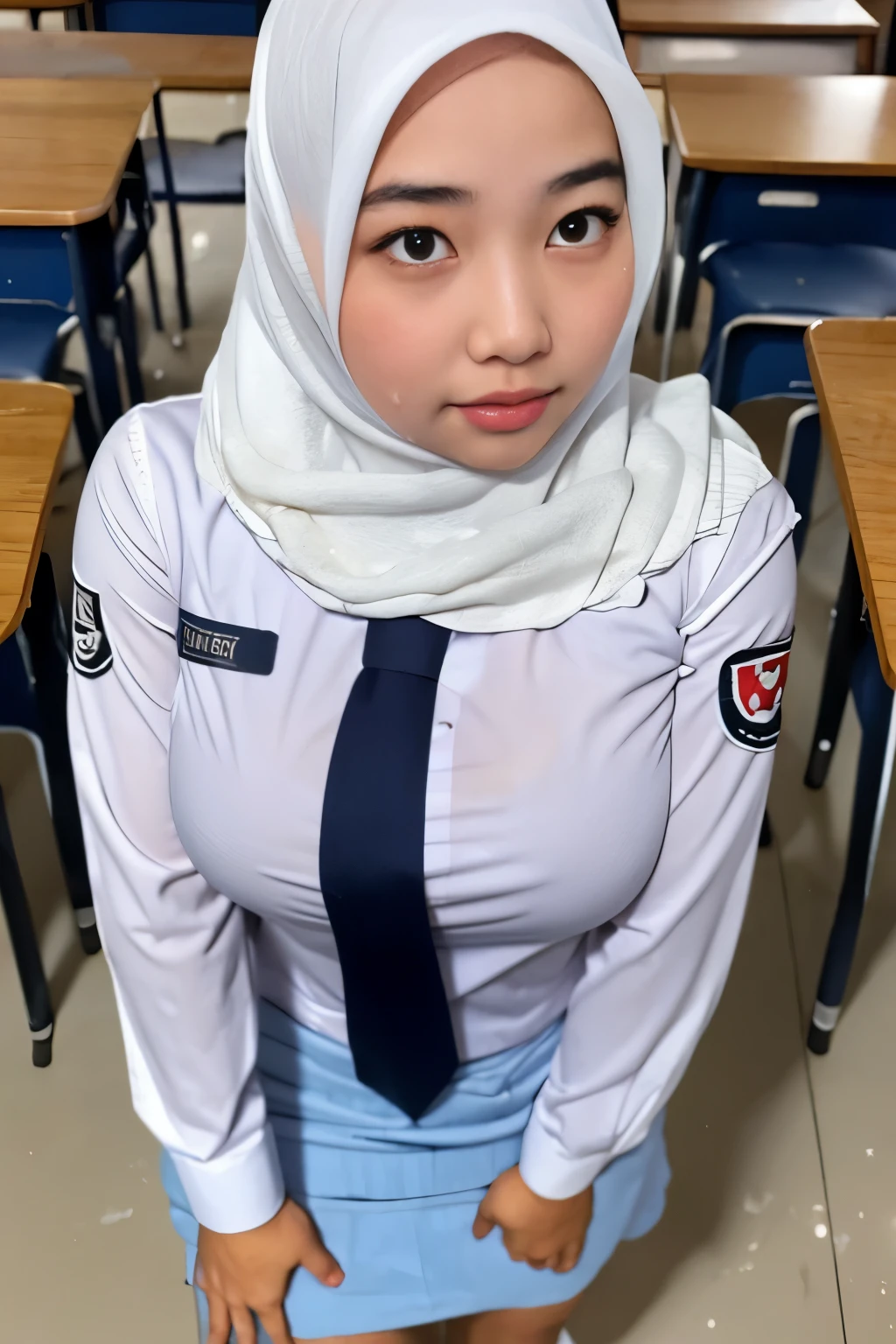 a close view photo of girl with hijab in the Indonesian high school room, thick body, fuckable pose, big ass, standing, sexy body curve, big, big breast, (wet uniform: 1.2), open leg, thick thigh, gettting wet, semen on shirt, semen on face