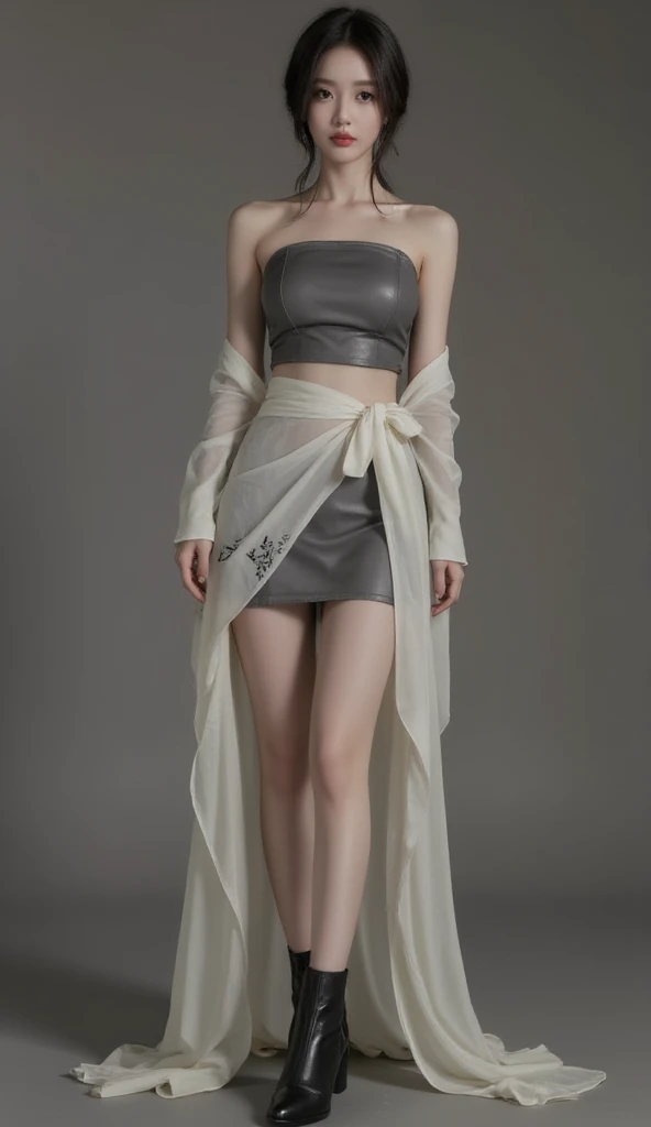 Beautiful stylist woman, slim legs, Korean actress face, long legs, detailed face, beautiful dark eye makeup, beautiful red lips, realistic Korean traditional outfit, strapless tube crop top style wide silk ribbon wrap top, gray line leather tube crop top, short tube skirt, skirt for gray, wrap style transparent skirt, small flower pattern under skirt, thigh length skirt, ankle boots,