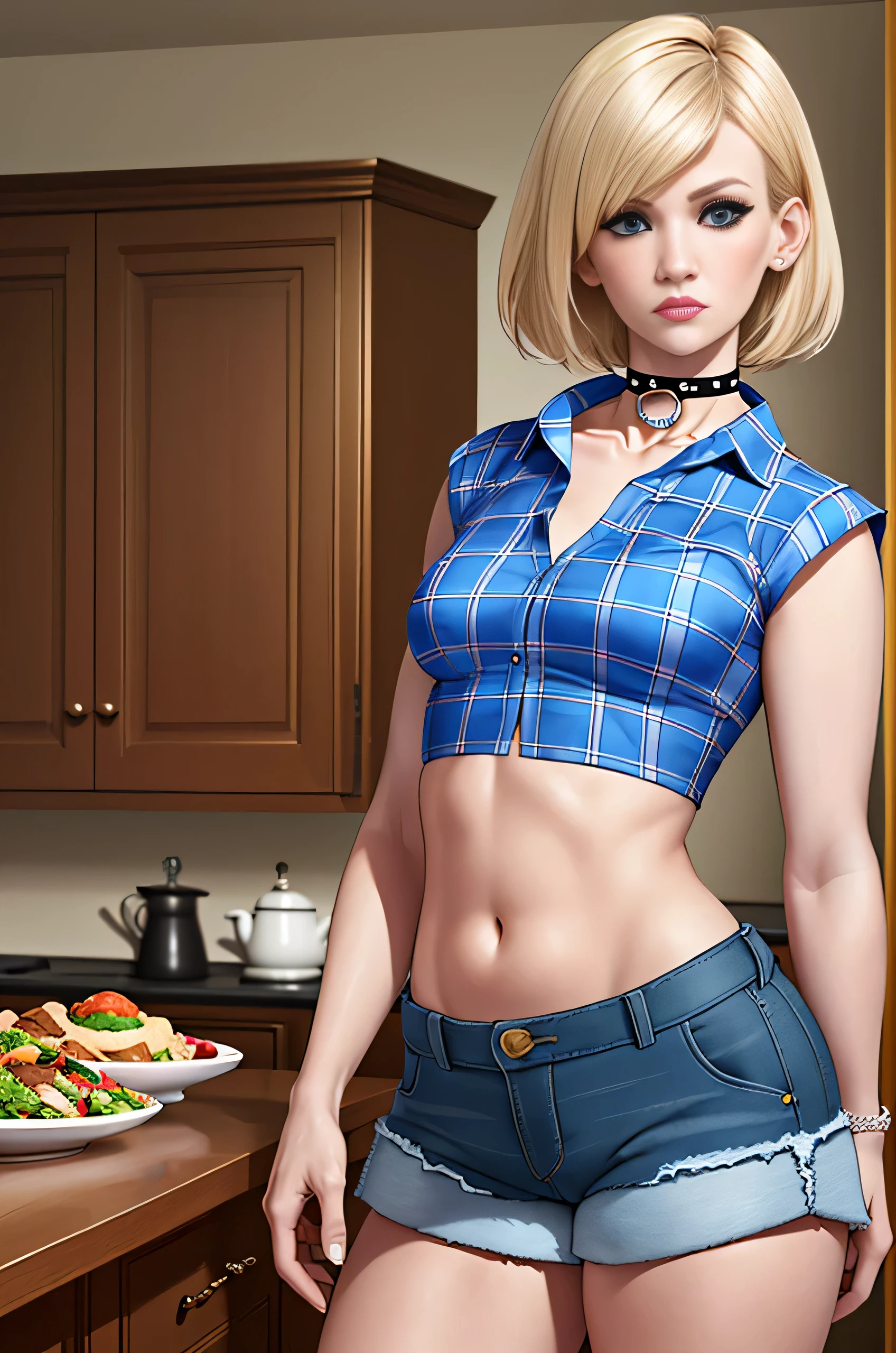 January Jones, (January Jones:1.5), masterpiece quality, (masterpiece quality:1.3), detailed, realistic, (realistic:1.3), 1girl, solo, (solo:1.9), alone, in a country kitchen, lots of food in background, platinum hair, short hair, wearing choker collar, (wearing choker collar:1.5), wearing blue plaid blouse, (blue plaid blouse:1.5), wearing blue jean shorts, (blue jean shorts:1.5), midriff, (midriff:1.5), small breasts, (small breasts:1.5), covered breasts, (covered breasts:1.5), thin body,