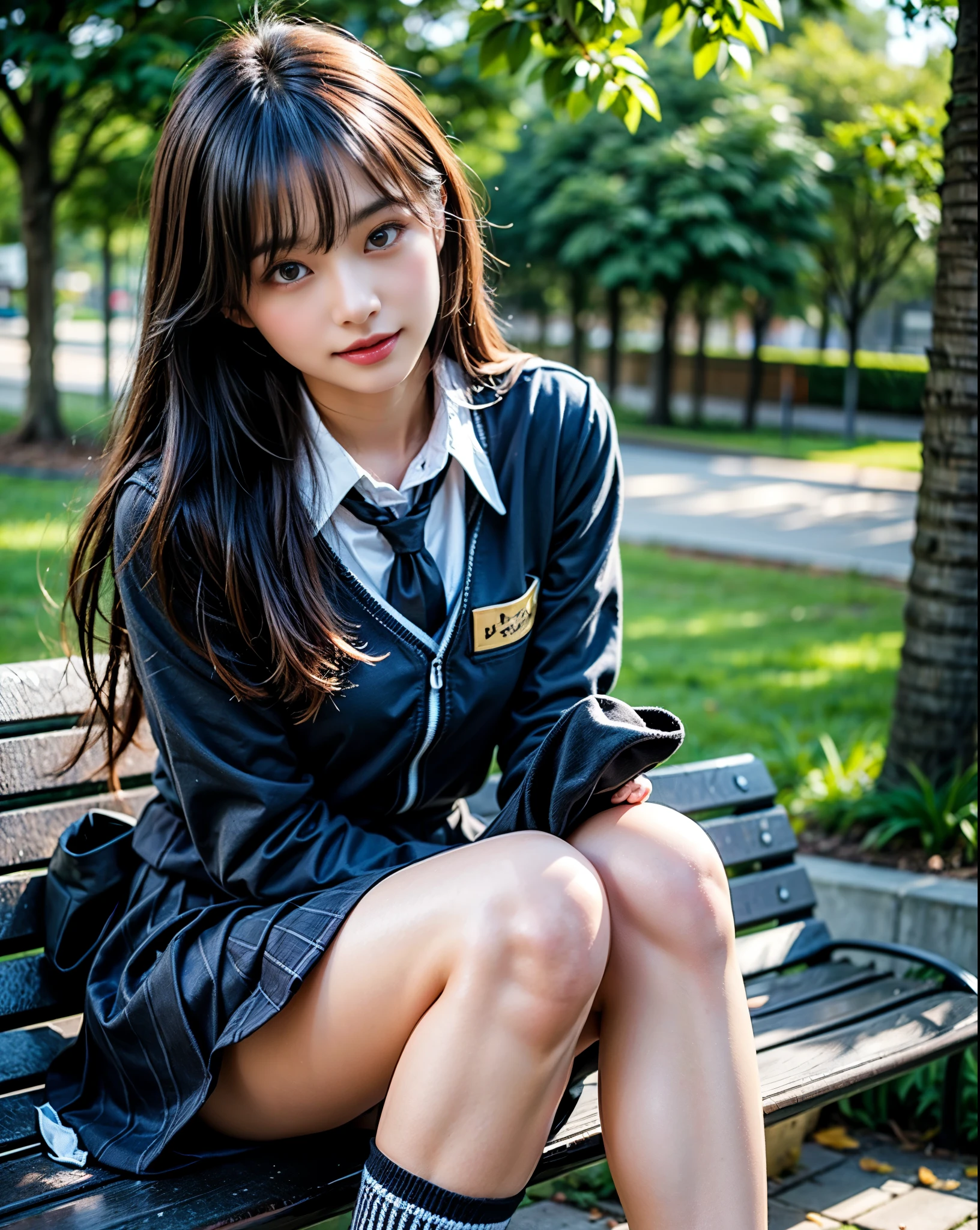 (  photorealism  :1.2), beautiful日本のモデル, Thin legs,   high school girl, High School Uniform を着た1人の女性, 39;  High School Uniform , Park benchに座る,  leg slightly from the front and bottom of the high leg,  super realistic white loose socks ,  wearing realistic black loafers,  Sit with Your Two Perfect Legs Align ,  anatomically correct body , beautiful hands and feet, Park bench,   super realistic skin texture , beautiful, Glowing teen skin, beautiful thick and realistic black socks,  thigh close-up ,