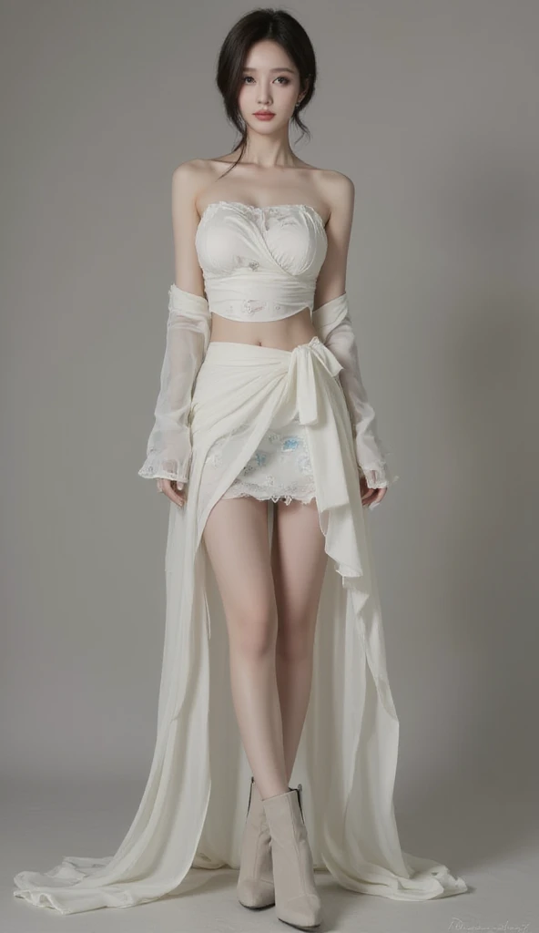 Beautiful stylist woman, slim legs, Korean actress face, long legs, detailed face, beautiful dark eye makeup, beautiful red lips, realistic Korean traditional outfit, strapless tube crop top style wide silk ribbon wrap top, short tube skirt, painting for gray, wrap style transparent skirt, small flower pattern under skirt, thigh length skirt, ankle boots,