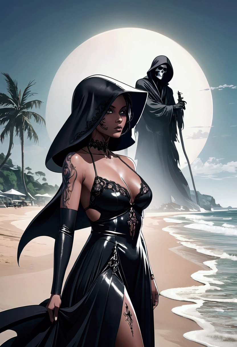 (double exposure of black grim reaper and beautiful woman), [close-up of black grim reaper's face in the distance above: beautiful woman standing on the beach, wearing a beautiful dress : 0.25],