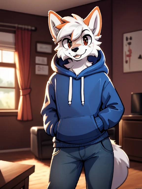 1boy, solo male, teenager, a wolf schoolboy in a hoody and jeans, furry, anime, looking at viewer, sexy pose, cunning face, sfw, detailed fur, perfect anatomy, extremely detailed face, perfect arms, realistic light, cozy light, looking at the camera ( by haps!), femboy body, standing in a living room