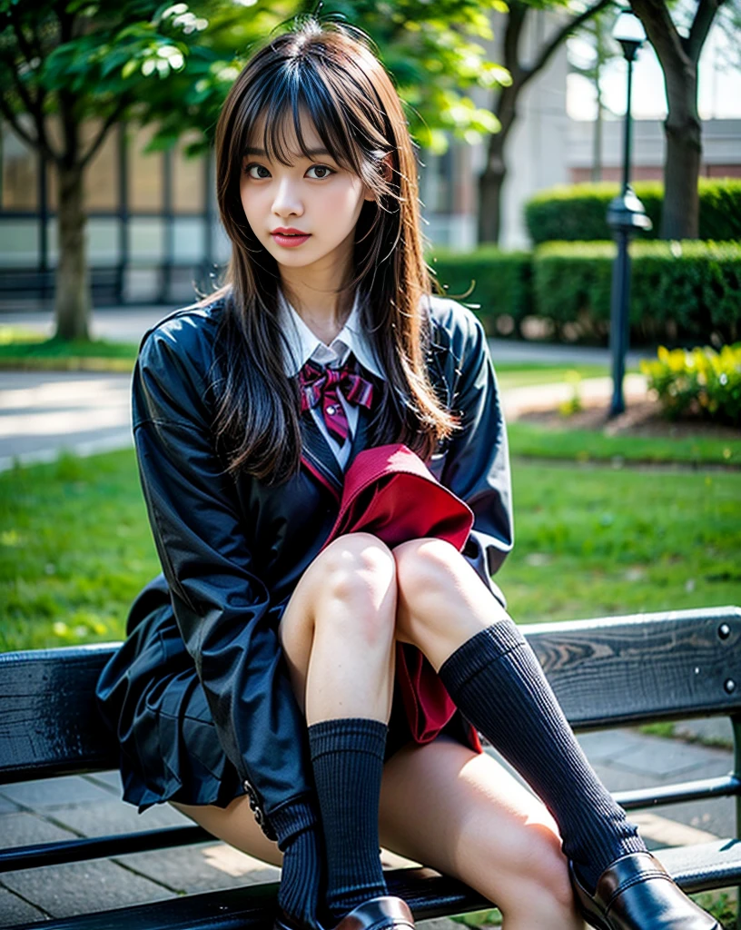 (  photorealism  :1.2), beautiful日本のモデル, Thin legs,   high school girl, High School Uniform , Park benchに座る,  leg slightly from the front and bottom of the high leg,  super realistic white loose socks ,  wearing realistic black loafers, Sit with your legs together,  anatomically correct body , beautiful hands and feet, Park bench,   super realistic skin texture , beautiful, Glowing teen skin, beautiful thick and realistic black socks,  thigh close-up ,