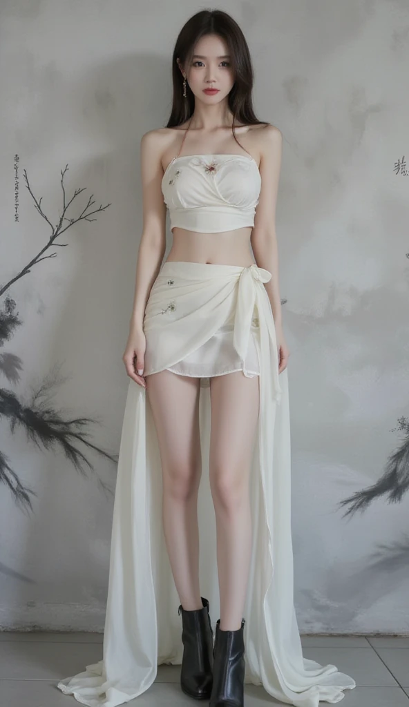 Beautiful stylist woman, slim legs, Korean actress face, long legs, detailed face, beautiful dark eye makeup, beautiful red lips, realistic Korean traditional outfit, wide silk strapless ribbon wrap crop top, short tube skirt, painting for gray, wrap style transparent skirt, small flower pattern under skirt, thigh length skirt, ankle boots,