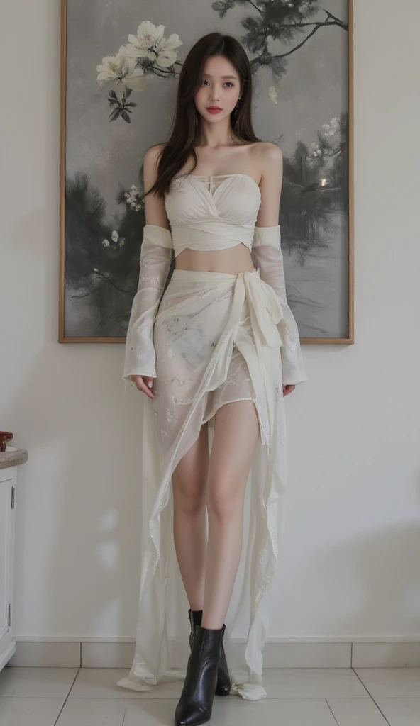 Beautiful stylist woman, slim legs, Korean actress face, long legs, detailed face, beautiful dark eye makeup, beautiful red lips, realistic Korean traditional outfit, wide silk strapless ribbon wrap crop top, short tube skirt, painting for gray, wrap style transparent skirt, small flower pattern under skirt, thigh length skirt, ankle boots,