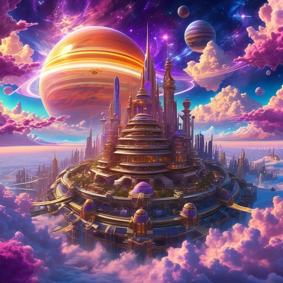 ((master piece)), best quality, (8k, best quality, masterpiece:1.2), ultra-detailed, illustration, big fantasy city, Science fiction, ethereal city, Floating city, many planets in the skies, clouds around, celestial architecture, purple energy scarring around, Giant castle in the center, astral skies