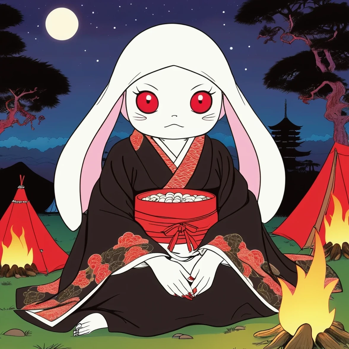 (1 girl:1.2), solo, himecut,traditional japanese clothes, red eyes,cartoon style, joe fenton, a black and white photo of deadpan, camping, unbecoming, gnawling, envy, Ghast (Lovecraftian),calm, soft smile, Wayne Barlowe,, in gochuumon wa usagi desu ka? style, nostalgic