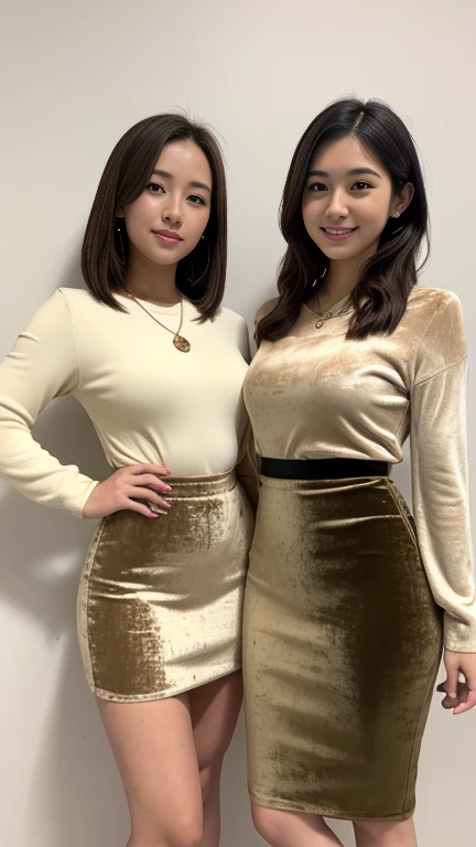 Highest quality, masterpiece, Photo realistic, (Two girls standing) 、Full body photo、((Beige velvet long pencil skirt、Plump、long sleeve)),(((Very thick thighs)))、 bob Haircut、straight Hair、smile、pumps、necklace, college school, japanese female college student前髪, 