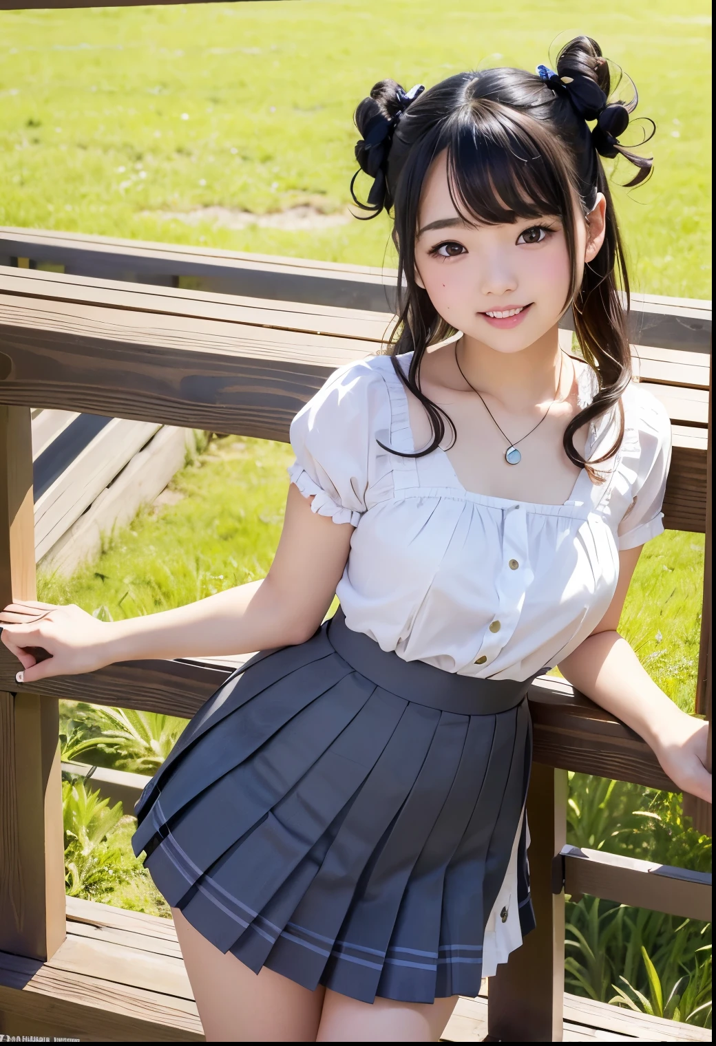 (Highest quality,masterpiece:1.3,Ultra-high resolution),(Very detailed、Caustics) (Realistic:1.4, RAW shooting、)Ultra-Realistic Capture、Very detailed、Natural skin texture、masterpiece、(Japanese girl wearing a lace blouse and pleated skirt:1.3)、Adorable expression、Expressions of happiness、、Height: 160cm、Young Face、Amazingly cute、Twin tail hairstyle、Curly Hair、Scrunchie、necklace、Black Hair、Heavy makeup、Large breasts、Shining thighs、Shining ass、Private Garden Photoshoot、Squatting on the lawn、Background details、smile、An inviting gaze、Anatomically correct、Cowboy Shot、Attention to detail、Sexy and cute pose、Heeled sandals、
