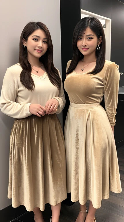 Highest quality, masterpiece, Photo realistic, (Two girls standing) 、Full body photo、((Beige velvet long skirt、Plump、long sleeve)),(((Very thick thighs)))、 bob Haircut、straight Hair、smile、pumps、necklace, college school, japanese female college student前髪, 