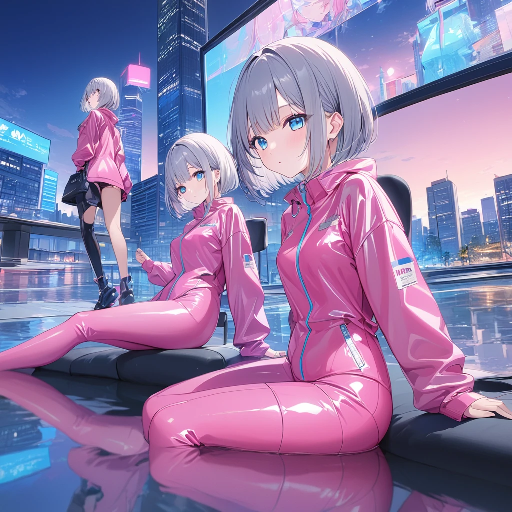 (Multiple girls),(最High image quality, 8k, masterpiece:1.3), (24 years old:1.5), (Grey Hair), ( bob cut ), (Oblique sky blue eyes), ((全身 rubber suit、 black、Pink Line、no zipper 、 rubber suit、Gloss、reflection、Perfect fit、Full body shot、Face this way while sitting、City、Office District、Night view)), ([Ultra Clear:1.5), (Glossのある肌:1.1),(Pale skin:1.1),High image quality、Clear contours