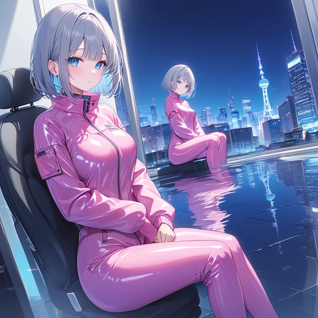 (Multiple girls),(最High image quality, 8k, masterpiece:1.3), (24 years old:1.5), (Grey Hair), ( bob cut ), (Oblique sky blue eyes), ((全身 rubber suit、 black、Pink Line、no zipper 、 rubber suit、Gloss、reflection、Perfect fit、Full body shot、Face this way while sitting、City、Office District、Night view)), ([Ultra Clear:1.5), (Glossのある肌:1.1),(Pale skin:1.1),High image quality、Clear contours