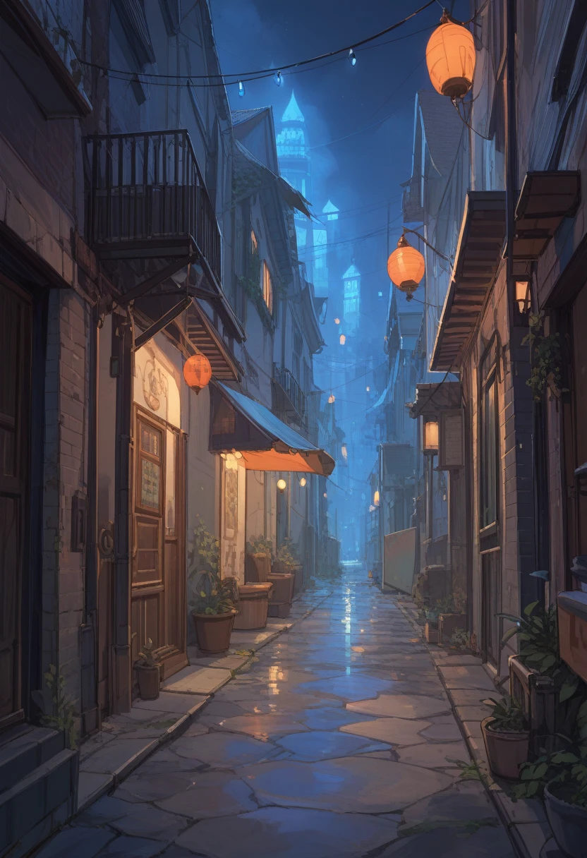 (colored sketch) mysterious alley, fantasy city, long, dark, misty. Scene is set on a misty mysterious, moonlit night, vivid colors, ambient diffuse light.