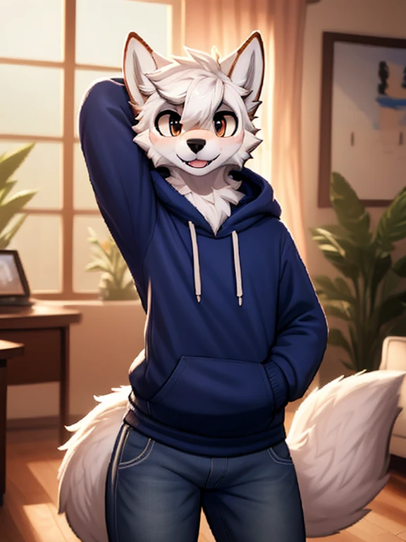 1boy, solo male, a wolf schoolboy in a hoody and jeans, furry, anime, looking at viewer, sexy pose, cunning face, sfw, detailed fur, perfect anatomy, extremely detailed face, perfect arms, realistic light, cozy light, ( by zonkpunch), femboy body, standing in a living room