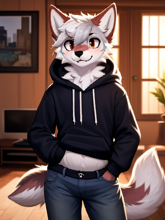 1boy, solo male, a wolf schoolboy in a hoody and jeans, furry, anime, looking at viewer, sexy pose, cunning face, sfw, detailed fur, perfect anatomy, extremely detailed face, perfect arms, realistic light, cozy light, ( by zonkpunch), femboy body, standing in a living room