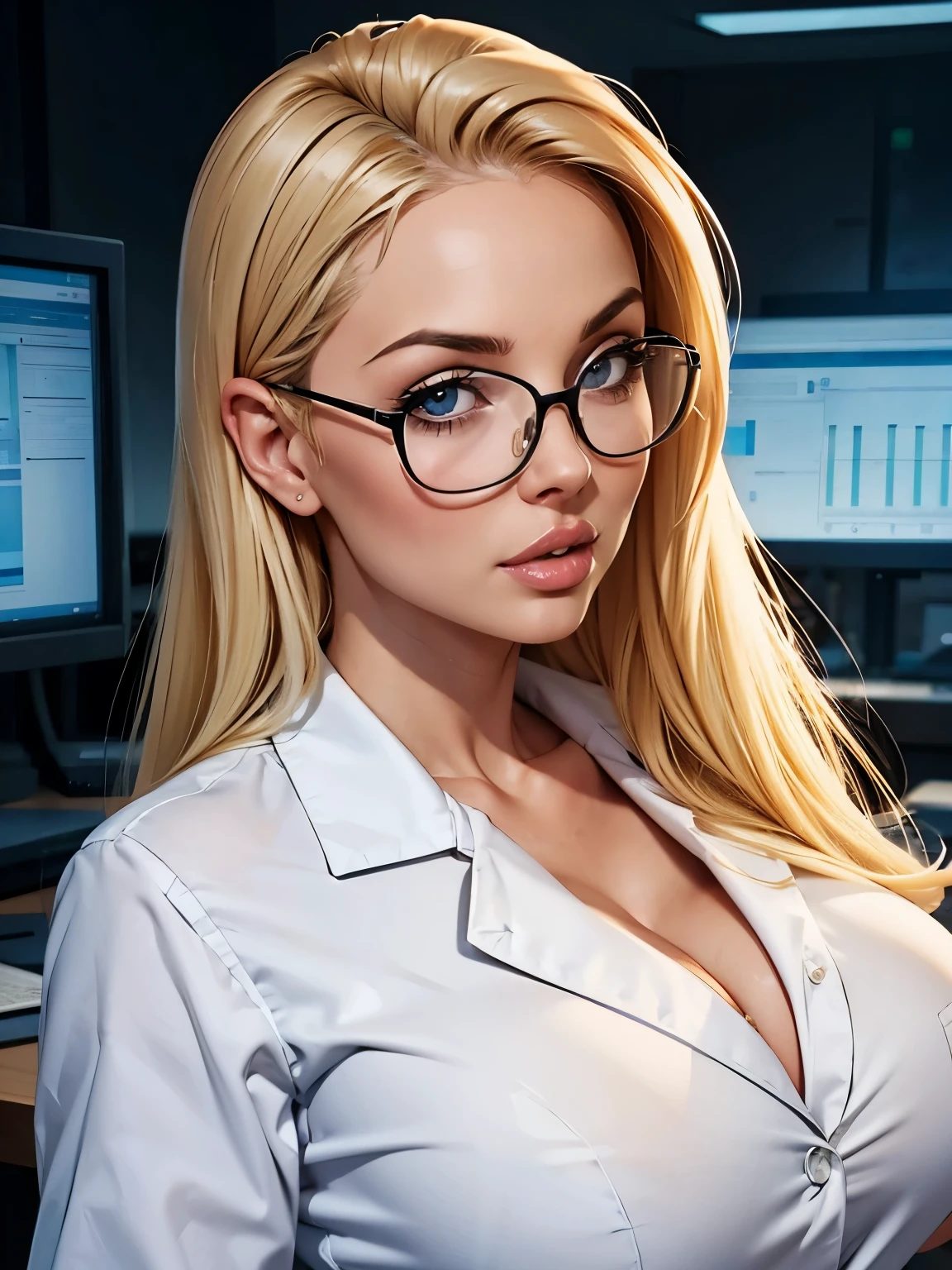 Silvia Saint blonde hair attractive face thick lips thick lips wearing lab coat and shirt and glasses in lab. 