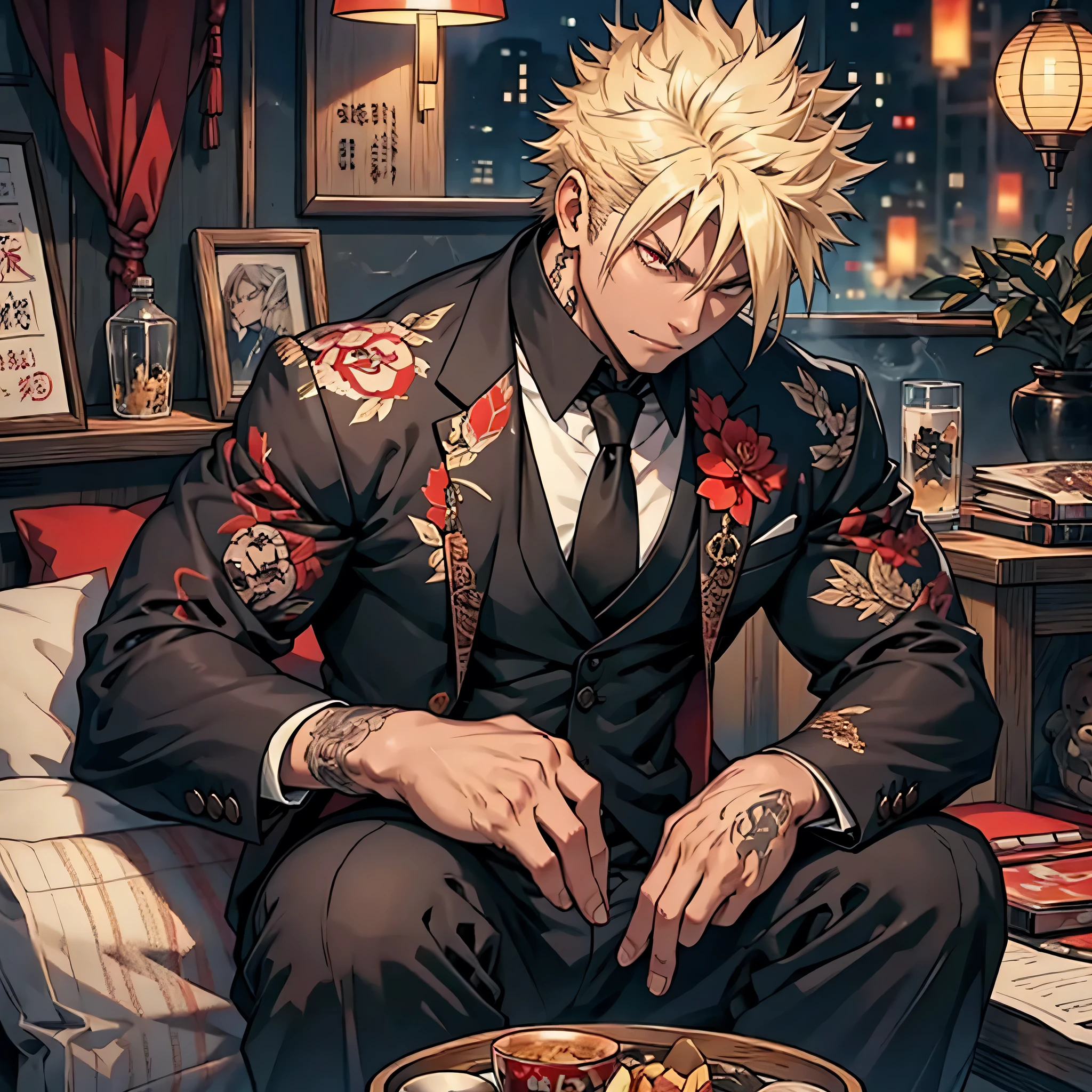 [male, muscular: 0.5] [red eyes, blonde spiky hair, scar on left cheek, scare on right side of chest, yakuza tattoos] [business suite with tie] [night time] [detail eyes, detail face, detail hand] [alone, sitting, smoking]