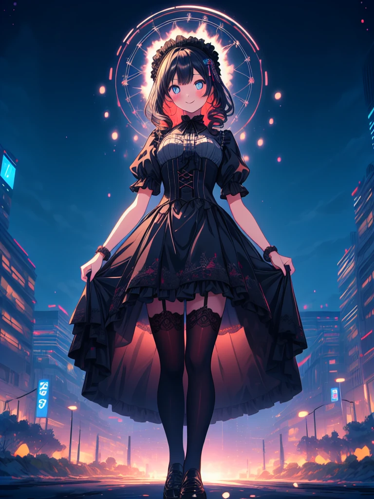 (Masterpiece,8K,4K,Ultra High Quality,Super Detailed,Super Beautiful CG,Super fine illustration, A highly detailed illustration,Best quality:1.4), (Outline:1.2), (Light particles:1.2), (Lens Flare:1.2) , 
An extremely cute and beautiful girl, 
Highly detailed beautiful face and eyes, smile, close mouth, 
Beautiful black hair, Long hair, Straight hair, 
Beautiful detailed Gothic ****ta style outfit, Many ruffled skirt, Beautiful detailed embroidered skirt, Black tights, Head dress, 
Solo, 1girl, 
Turnaround, 
standing in the city at night, central composition, looking directly at the camera, with neon lights reflecting in the background, 