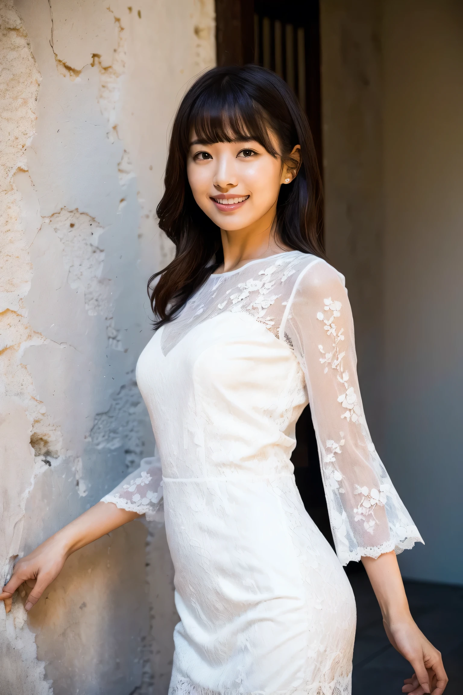 ((masterpiece:1.4, Best Quality)), ( Realistic Picture :1.4),
(( 1 girl)), (Pure Actress), (Dreamy),
(超 high definition:1.2), very delicate and beautiful, wonderful, High Definition CG Unity 8K Wallpaper , Super detailed, high definition,
Soft light, beautiful girl with great attention to detail , Highly Detailed Eyes and Faces , beautifully detailed nose , beautiful、 ridicules her detailed eyes,
(Wearing a white lace dress:1.3),
movie lighting , perfect anatomy , Slender body, ( Split Bangs ),
( stand in a corner of the old city of France :1.3), (White Wall House々:1.3), ( Colorful flowers blooming all over the wall 々), ( window ), (Fresh weather), ( outdoor ),
cowboy shot, watching viewers , (Old-fashioned smile)