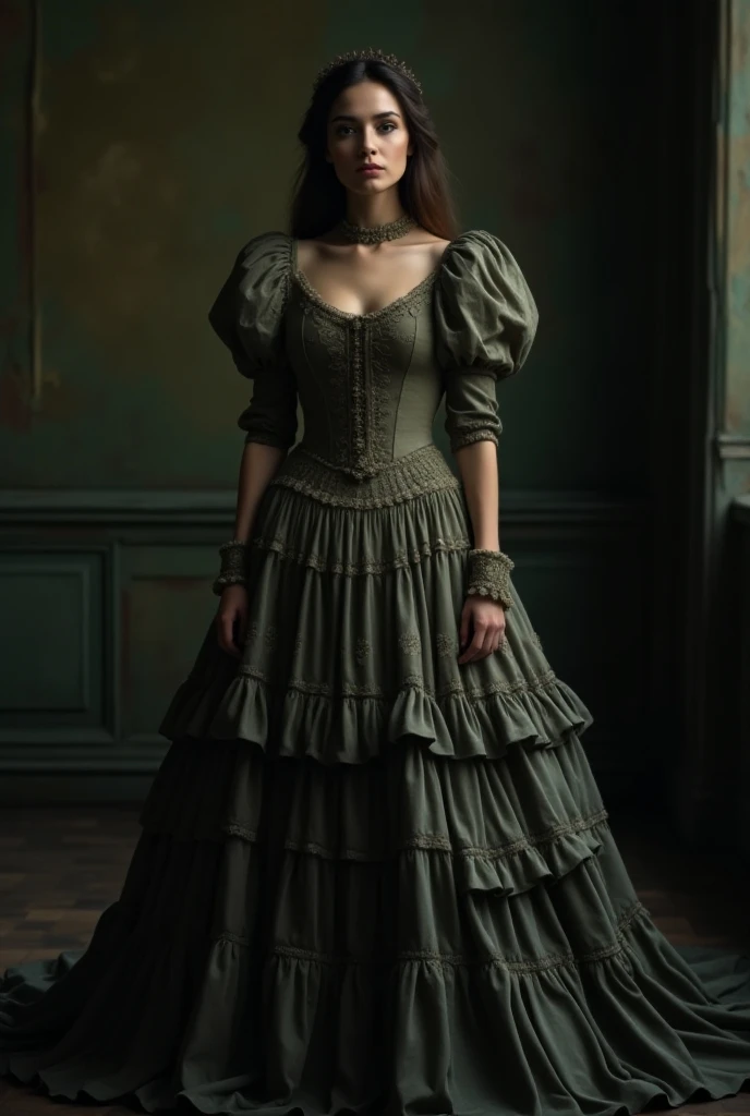 Foto hiperrealista en primer plano de Adriana Lima, Create dystopian masterpieces, victorian era clothing, rich dress, wearing a Victorian-era dress with long-sleeves, green dress, victorian saloon, cinematic light, beautiful woman, skinny, medium breasts, black short bob cut hair, detailed face, smile. smile, facing the camera, photo taken from a distance, age of 18 years old