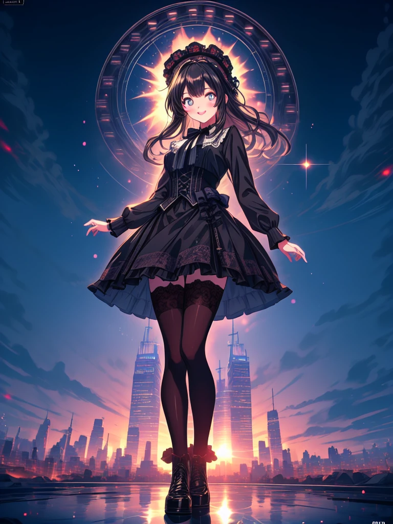 (Masterpiece,8K,4K,Ultra High Quality,Super Detailed,Super Beautiful CG,Super fine illustration, A highly detailed illustration,Best quality:1.4), (Outline:1.2), (Light particles:1.2), (Lens Flare:1.2) , 
An extremely cute and beautiful girl, 
Highly detailed beautiful face and eyes, smile, close mouth, 
Beautiful black hair, Long hair, Straight hair, 
Beautiful detailed Gothic ****ta style outfit, Many ruffled skirt, Beautiful detailed embroidered skirt, Black tights, Head dress, 
Solo, 1girl, 
Dynamic pose, Turnaround, action shot, 
the city at night, with neon lights reflecting in the background, 